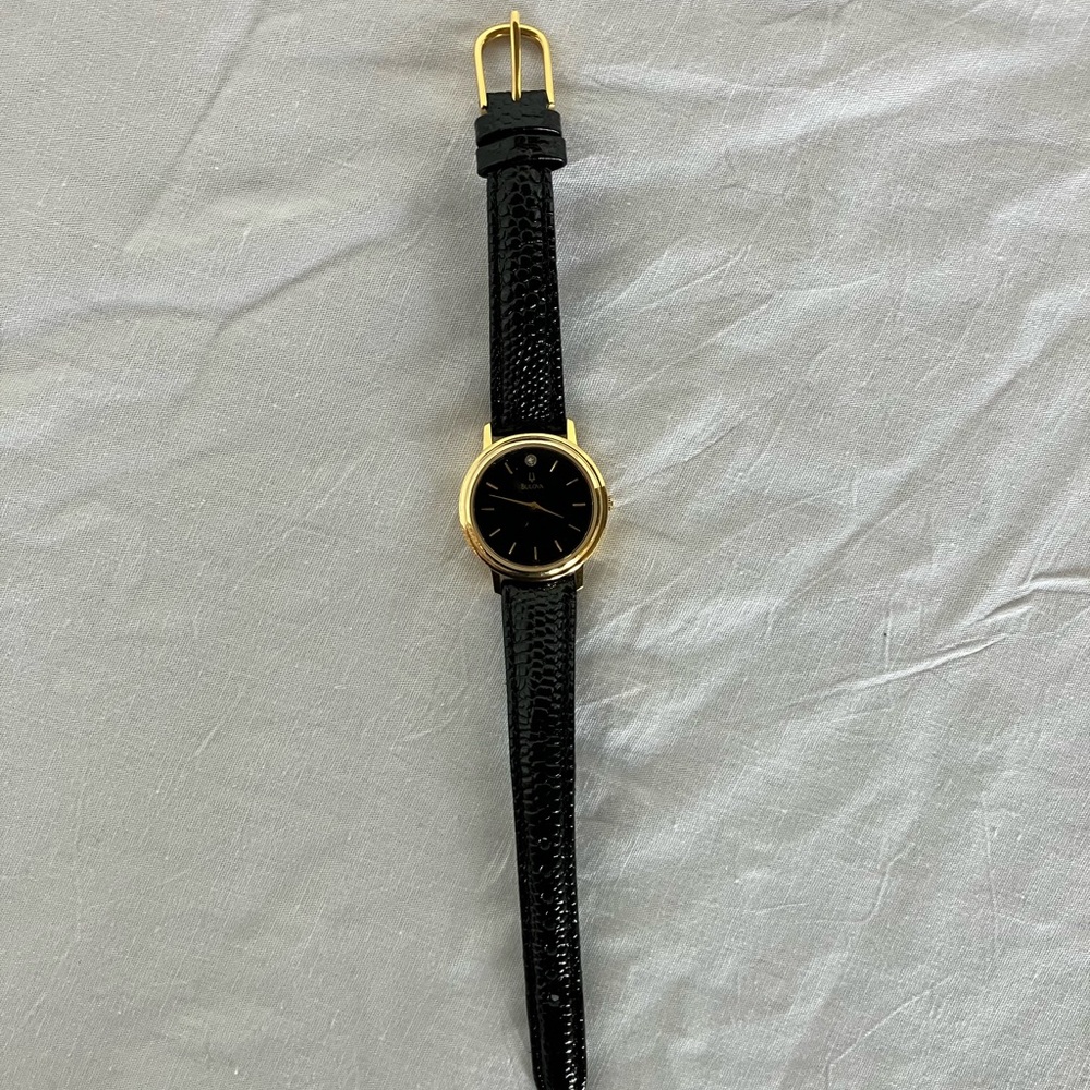 Bulova Black Dial Women's Watch with Gold-Tone Case, Patent Leather Band